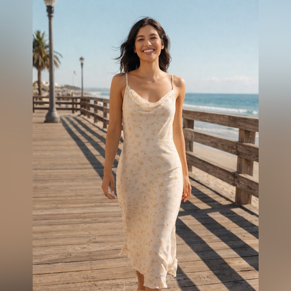 Asymmetrical Cream Dress with Floral Pattern